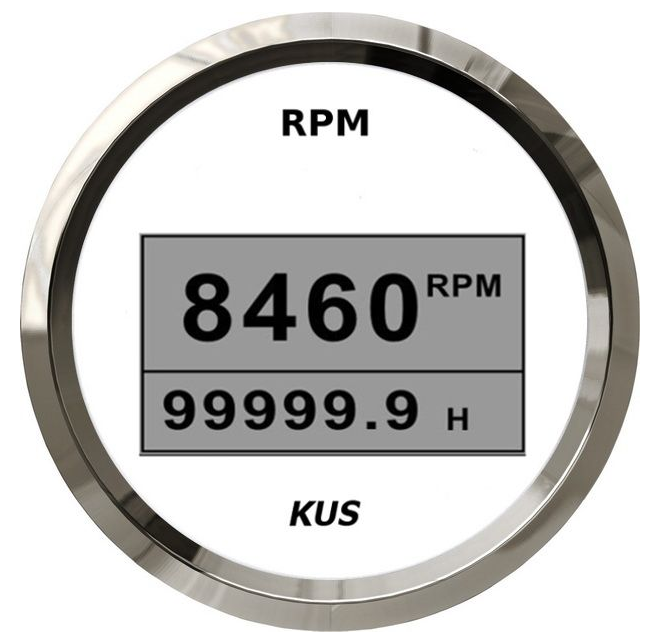 Тахометр 0-8000 об/мин со счетчиком моточасов делитель 1-10,белый циферблат, нержавеющий ободок, д