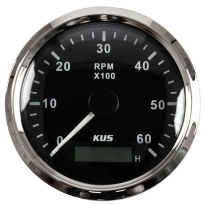 Тахометр 0-6000 об/мин со счетчиком моточасов делитель 1-10, черный циферблат, нержавеющий ободок